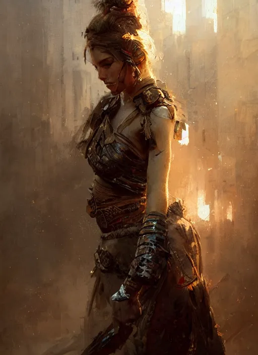 Image similar to female warrior girl, beautiful face, rule of thirds, intricate outfit, spotlight, by greg rutkowski, by jeremy mann, digital painting