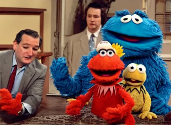 Prompt: sad ted cruz in curled up crying on the floor, on sesame street muppets laughing at him