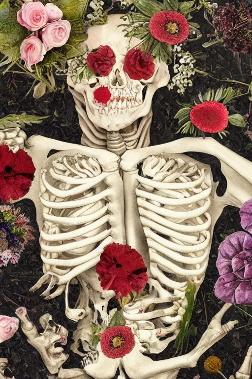 Prompt: a man lays in a bed of flowers and bones, he has large eyes and lips and feels an existential dread of love, HD Mixed media collage, highly detailed and intricate, surreal illustration in the style of Caravaggio, baroque dark art