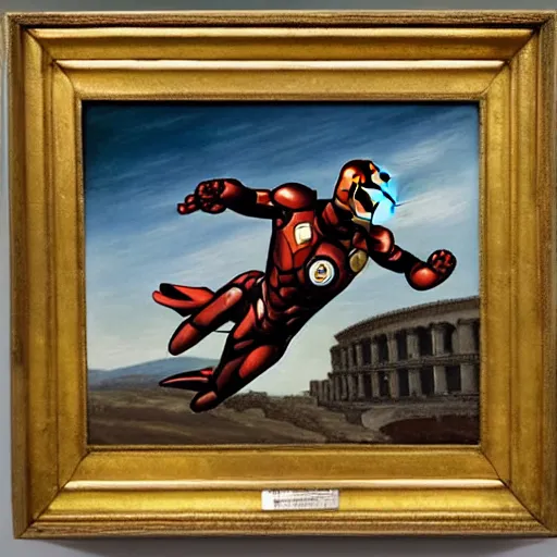 Image similar to hellenistic greece painting of ironman flying across the coliseum