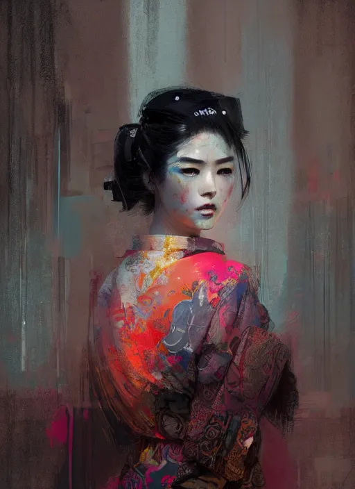 Image similar to female geisha girl, beautiful face, neon, rule of thirds, intricate outfit, spotlight, by greg rutkowski, by jeremy mann, digital painting