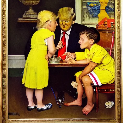 Image similar to children pouring yellow lemonade on Donald trump laying down, mannerism, norman Rockwell,