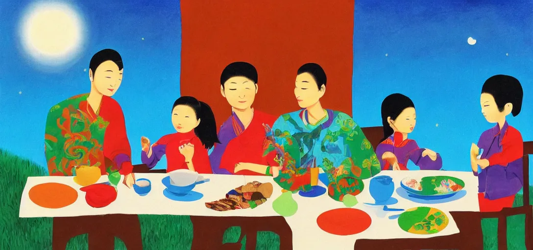 Image similar to a young asian family sitting at outdoor table, tea and food on the table, animal figurine placing around family, clear sky at night with a few clouds, full moon brightening by eric carle