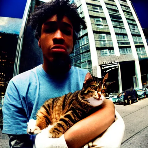 Prompt: nyc rapper holding a cat, fish eye lens, 3 5 mm film camera