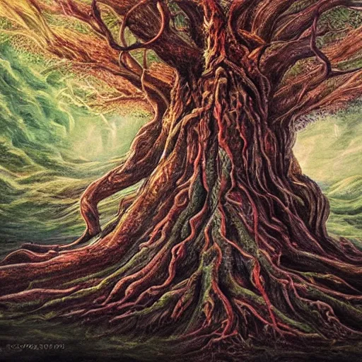 Image similar to A 100 year old tree, fantasy painting, lots of detail