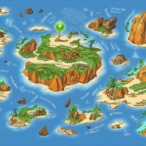 Image similar to map of an imaginary island in a fantasy world, drawing of different elements in the lands, different realms, blueprint, infographic, on paper, natural colors, adventure, bionicle, different colors, vintage, with notes, highly detailed, trending on artstation, fantasy art