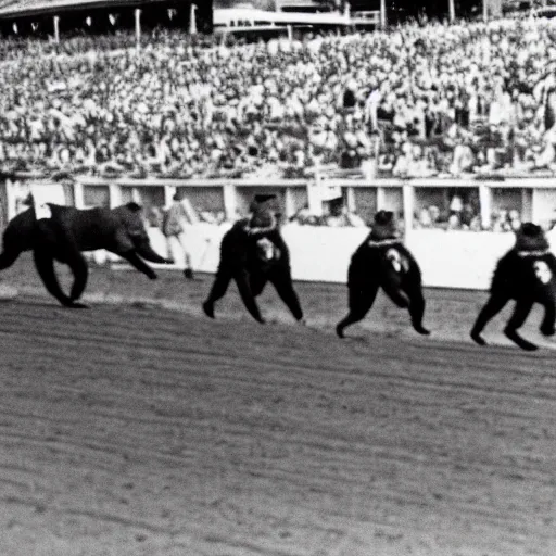 Prompt: bears running in the kentucky derby, vintage photo