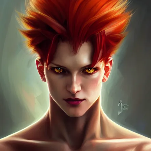 Prompt: portrait of hisoka morow hunter hunter, male, sharp jaw yellow eyes narrow sultry eyes red hair soft hair tousled crimson medium length hair, anime, fantasy, intricate, elegant, highly detailed, digital painting, artstation sharp focus, madonna art by artgerm and greg rutkowski and alphonse mucha