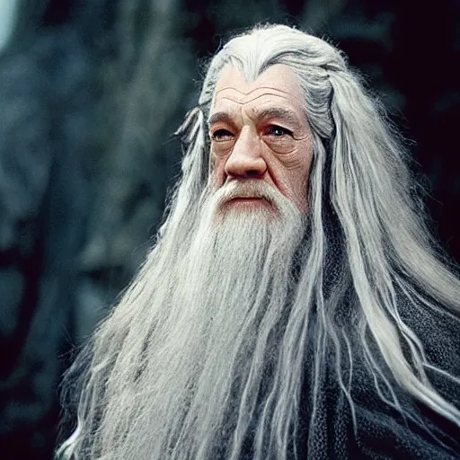 Image similar to a still from “ lord of the rings ” of a head and shoulders portrait of gandalf played by evil betty, photo by phil noto