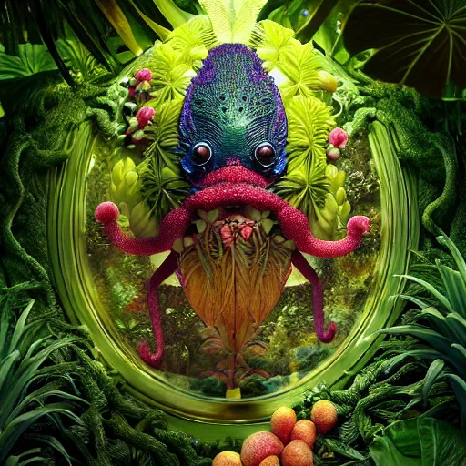 Image similar to tropical fruit creature in a lush trunda vegetation, water reflection, night, backlit, warm tones, bioluminescent : by michal karcz, daniel merriam, victo ngai and guillermo del toro : ornate, dynamic, particulate, intricate, elegant, highly detailed, centered, artstation, smooth, sharp focus, octane render, 3 d