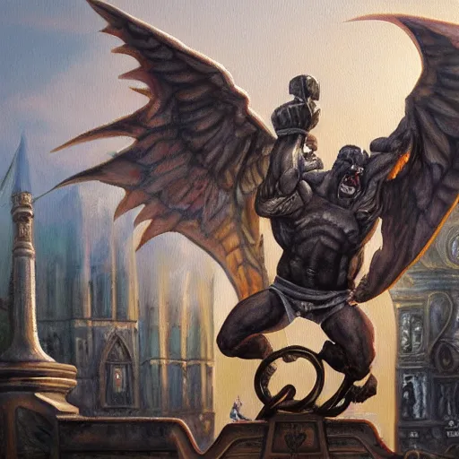 Image similar to an oil painting of a big, proud muscular Gargoyle, art by Greg Rutkovski, Renaissance Port City background, fangs, gray skin, angel wings, 1450