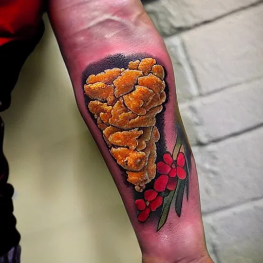 Image similar to A detailed professional tattoo of fried chicken nailed to a tree