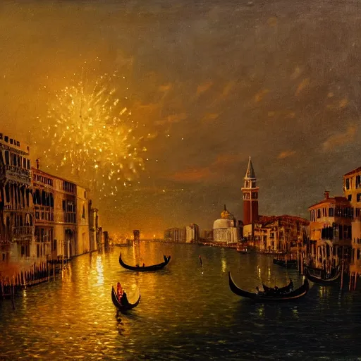 Prompt: an oil painting of fireworks, with happy people in venice