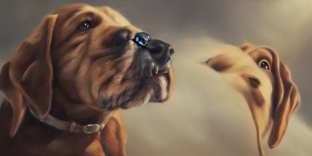 Image similar to a dog, cinematic angle, studio Ghibli, cinematic lighting, detailed oil painting, hyperrealistic, 8k