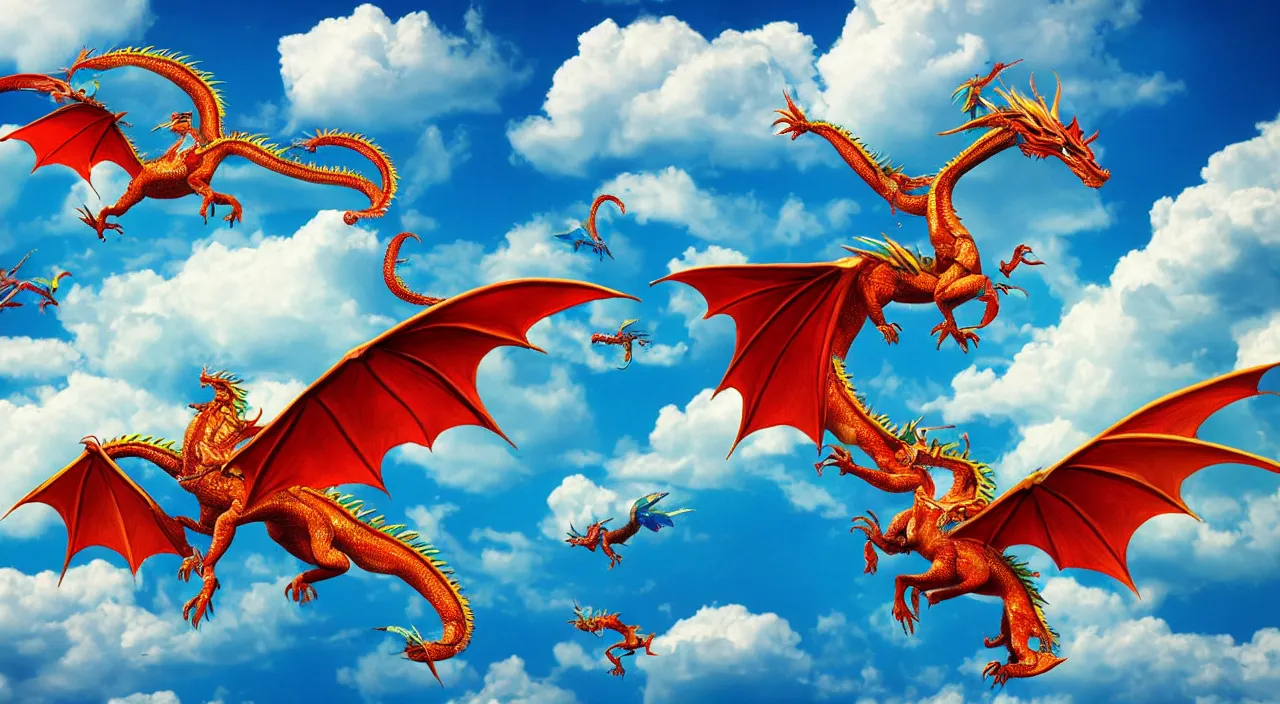 Prompt: many colorful dragons flying in the sky, photorealistic, 4k