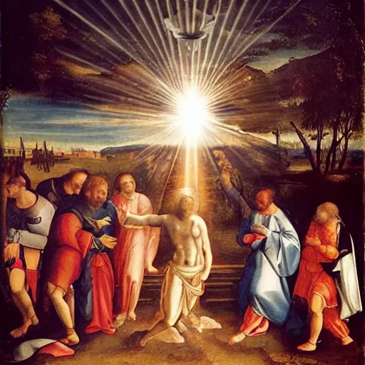 Prompt: a renaissance painting of a ufo beaming a ray of light down at the baptism of Christ. (1710)