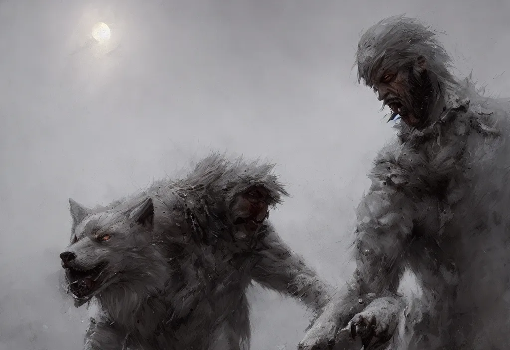 Image similar to a man his knees morphing into a white wolf, artstation, jakub rozalski, high detail, dramatic lighting