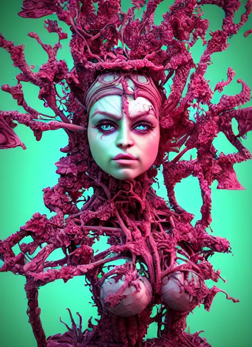 Image similar to hyper detailed 3d render like a sculpture - profile subsurface scattering (a beautiful fae princess protective playful expressive from that looks like a borg queen grumpy cat wearing a sundress made of flowers) seen red carpet photoshoot in UVIVF posing in caustic light pattern pool of water to Eat bite of the Strangling network of yellowcake aerochrome and milky Fruit and His delicate Hands hold of gossamer polyp blossoms bring iridescent fungal flowers whose spores black the foolish stars by Jacek Yerka, Ilya Kuvshinov, Mariusz Lewandowski, Houdini algorithmic generative render, golen ratio, Abstract brush strokes, Masterpiece, Victor Nizovtsev and James Gilleard, Zdzislaw Beksinski, Tom Whalen, Mark Ryden, Wolfgang Lettl, hints of Yayoi Kasuma and Dr. Seuss, Grant Wood, octane render, 8k, maxwell render, siggraph