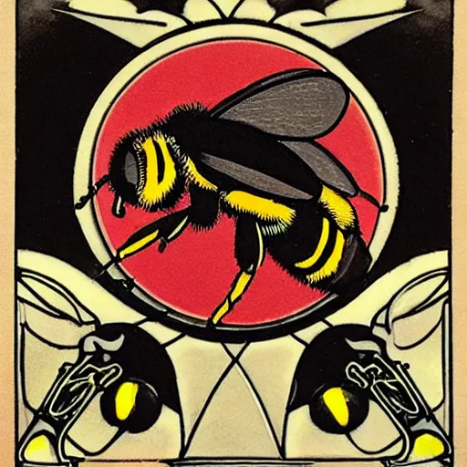 Prompt: a dark dangerous ritual spell with a dead bumblebee placed in the middle of a bloody bullseye at the center of the crosshairs of a gun, art nouveau, fantasy illustration, tarot