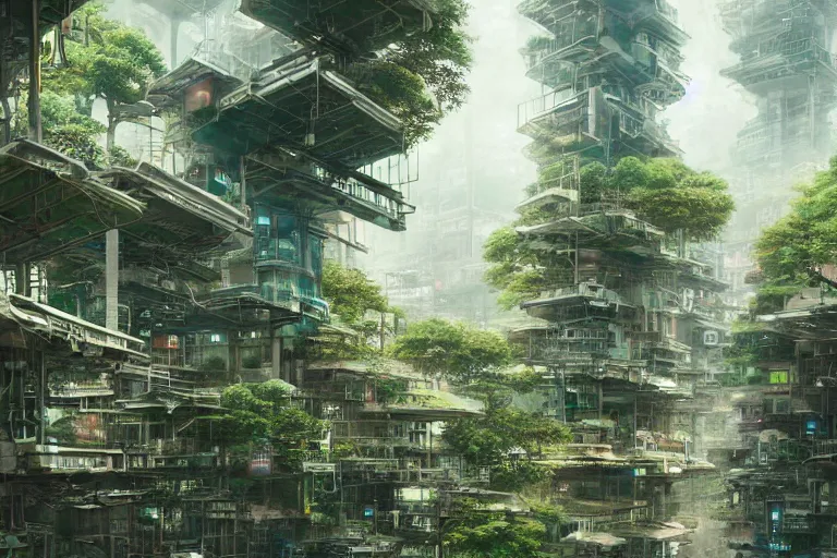 Prompt: solarpunk kowloon walled forest city, still from studio ghibli anime movie, cyberpunk tree house, walkways, bridges, pedestrians, robots, rivers, digital art, artgerm, trending on artstation
