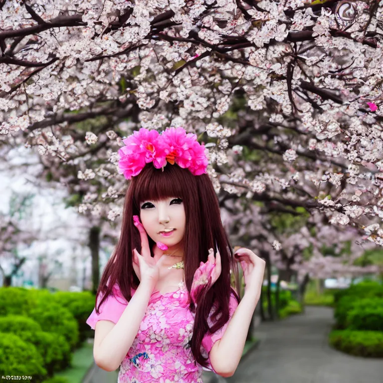 Image similar to Pretty japanese gyaru with Sakura tree blooming on background