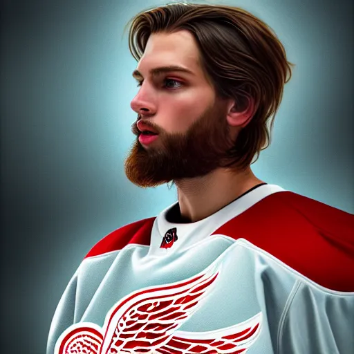 Prompt: Portrait of Red Wings hockey player The Professor, fantasy, intricate, elegant, highly detailed, digital painting, artstation, concept art, smooth, sharp focus, luxury fashion illustration, art by artgerm and greg rutkowski and alphonse mucha, brightly lit cinematic soft lighting, photorealistic