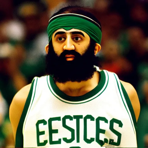 Image similar to facial portrait of osama bin laden shooting free throws, boston celtics jersey, wearing a headband, sweating, focused