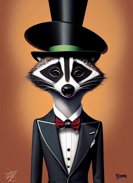 Prompt: an anthropomorphic raccoon in a fancy suit and a top hat, pixar style by tristan eaton, artgerm, tom bagshaw