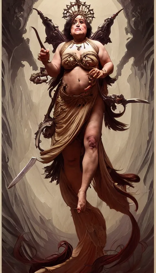 Image similar to danny devito as the roman goddess of chaos!! intricate elegant, highly detailed, digital painting, artstation, concept art, smooth, sharp focus, illustration, art by ( ( ( artgerm ) ) ) and greg rutkowski! and ( ( alphonse mucha ) ), heavily influenced by frank frazetta and boris vallejo, sword and sorcery