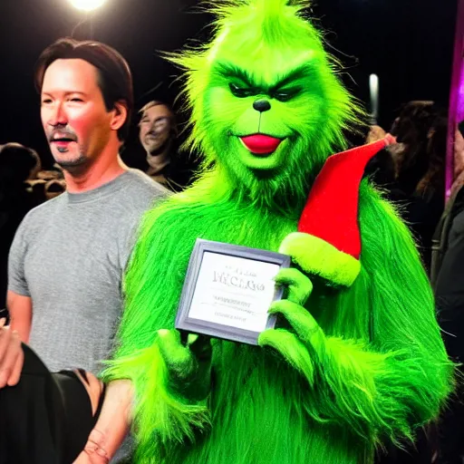 Image similar to keanu reeves cosplaying as the grinch, keanu reeves wearing a grinch costume, cosplay award winner