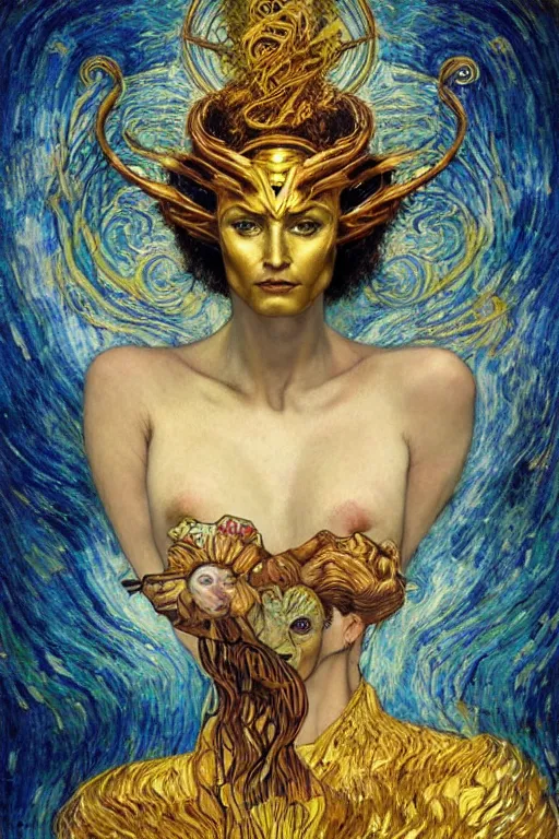 Prompt: Intermittent Chance of Chaos Muse by Karol Bak, Jean Deville, Gustav Klimt, and Vincent Van Gogh, beautiful Surreality portrait, enigma, Loki's Pet Project, destiny, Poe's Angel, fate, inspiration, muse, otherworldly, fractal structures, arcane, ornate gilded medieval icon, third eye, spirals