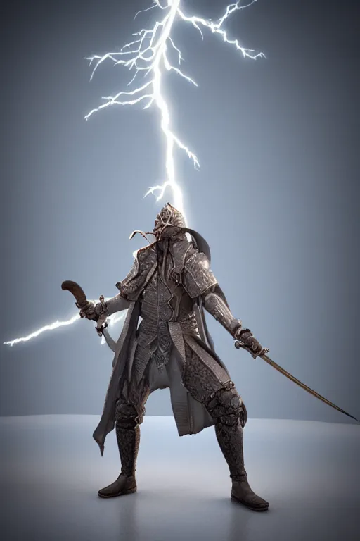 Image similar to wizard holding a sword that’s getting shocked by lightning towards the sky, octane, trending on artstation, cinema 4d, highly detailed