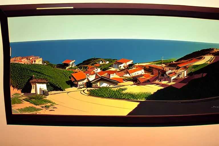 Image similar to a small village on top of a hill near the sea, painted by Syd Mead, Low key lighting, ultra detailed, 8k, fisheye