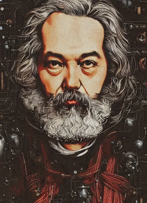 Prompt: karl marx, eun emerging from renaissance italy into a cyberpunk mutiversal realm by conrad roset, nicola samuri, dino valls, m. w. kaluta, jakub rebelka, rule of thirds, seductive look, beautiful