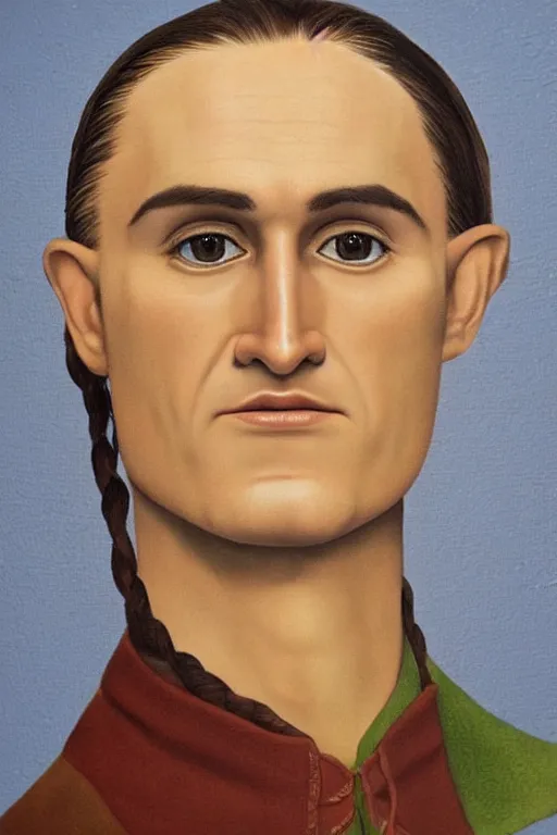 Image similar to ultra realistic pelegolas face portrait in the style of grant wood