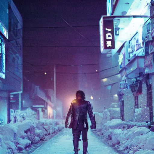 Image similar to jon snow walking on the sidewalk in a cyberpunk city late at night, wide - angle, photographed on colour expired film, detailed photograph