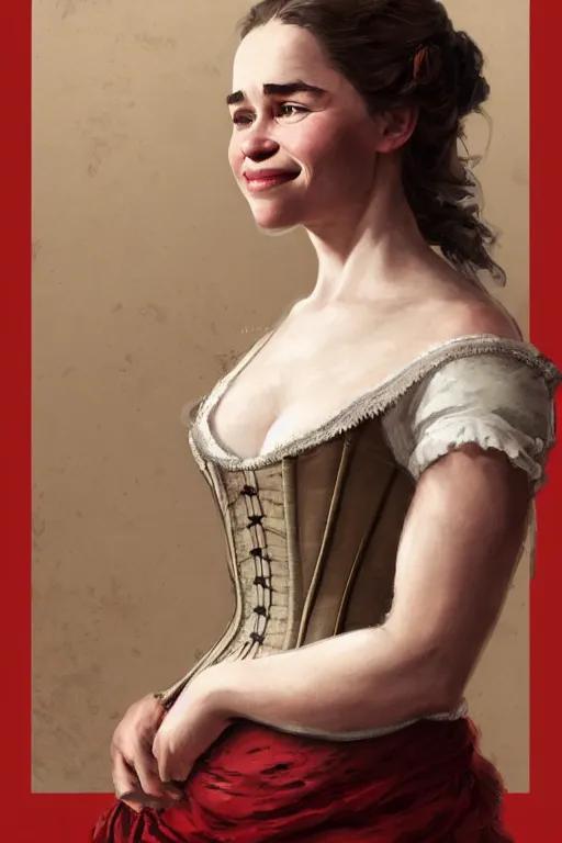 Prompt: Emilia Clarke smiling warmly in a 1800s American Corset in Red Dead Redemption anatomy, only two hands, highly detailed, digital painting, artstation, concept art, smooth, sharp focus, illustration, Unreal Engine 5, 8K, art by art by artgerm and greg rutkowski and edgar maxence