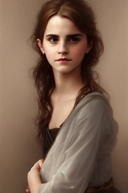 Image similar to full portrait of a beautiful Emma Watson, Regal, Realistic, Refined, highly Detailed Digital Art, Oil Painting, William-Adolphe Bouguereau, WLOP, Dynamic lighting, daily deviation, beautiful character illustration by Greg Rutkowsktrending on artstation, Cinematic Lighting, Unreal Engine, 8k, HD