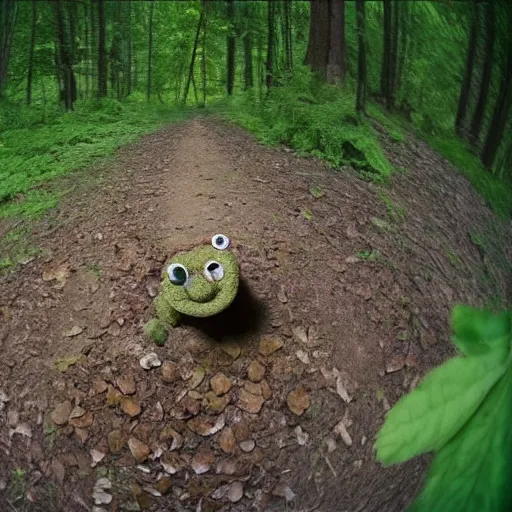 Image similar to Cookie monster caught on trail cam, trail camera footage, wide angle lens, night vision