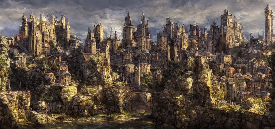 Prompt: huge medieval city, interesting rocky shaped terrain, digital art, art by craign mullin