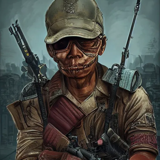 Image similar to 8K detailed realistic illustration of a post-apocalyptic cyberpunk Indonesia war general in the style of leonard boyarsky, high resolution