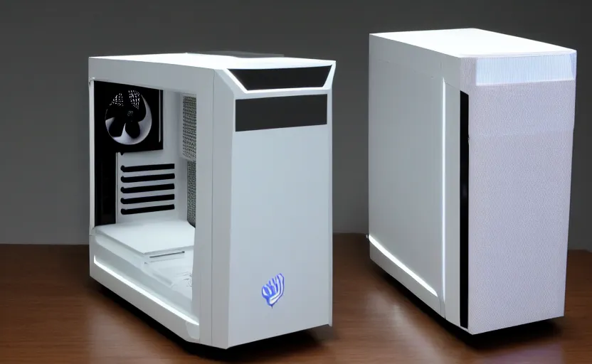 Image similar to futuristic gaming pc with white lighting and a white case, hd photograph, highly detailed, intricate