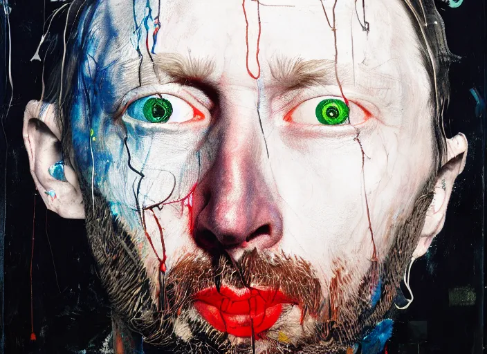 Prompt: portrait of thom yorke, by vincent lefevre and hernan bas and pat steir and hilma af klint, psychological, photorealistic, dripping paint, washy brush, rendered in octane, altermodern, masterpiece