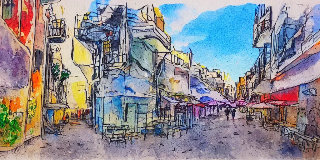 Prompt: streets of tel aviv. pen painting watercolors. colorful