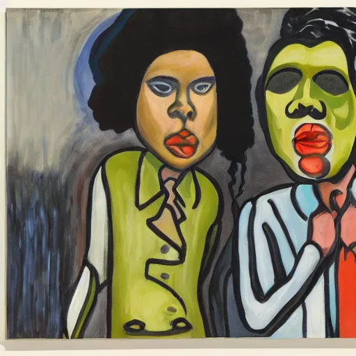 Image similar to two ravers at the club painted by Alice Neel