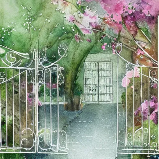 Prompt: delicate, chairs, garden, paved, botanic watercolors, iridescent, 8 k, realistic shaded, fine details, artstation, italian, iron gate, tree, mediterranean