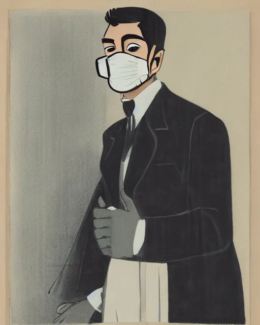 Prompt: portrait of young man wearing black medical mask, suit and tie, style of tex avery