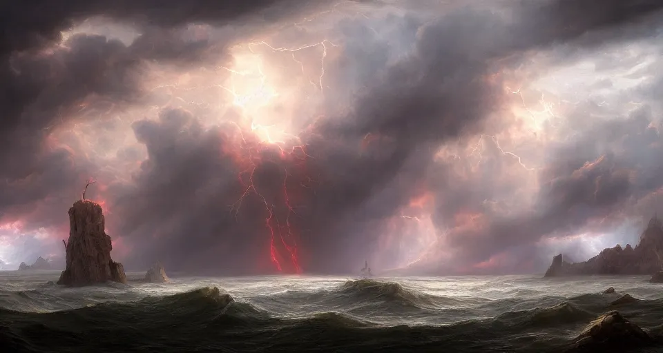 Image similar to eldritch, flying!!! island, windy, by eugene von guerard, ivan shishkin, night, red lightning, storm, dramatic lighting, concept art, trending on artstation, 8 k