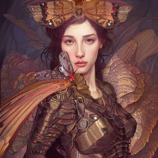 Prompt: hyperdetailed portrait of beautiful queen's moth armored girl. highly detailed portrait, digital painting, sharp foccus ilustration, artstation hq. intricate, elegant. wlop, greg rutkowski, alphonse mucha,. dan mumford, rossdraws, marc simonetti. background by repin. full height. louise zhang. decollage