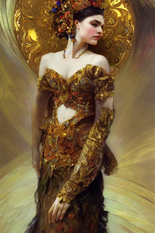Prompt: an intricate artistic pose painting of a beautiful young victorian lady with an artistic pose, hyper detailed, ornamental gold headpiece, octane render, vivid colors, artstation, by jeremy mann, by alphonse mucha, by boris vallejo